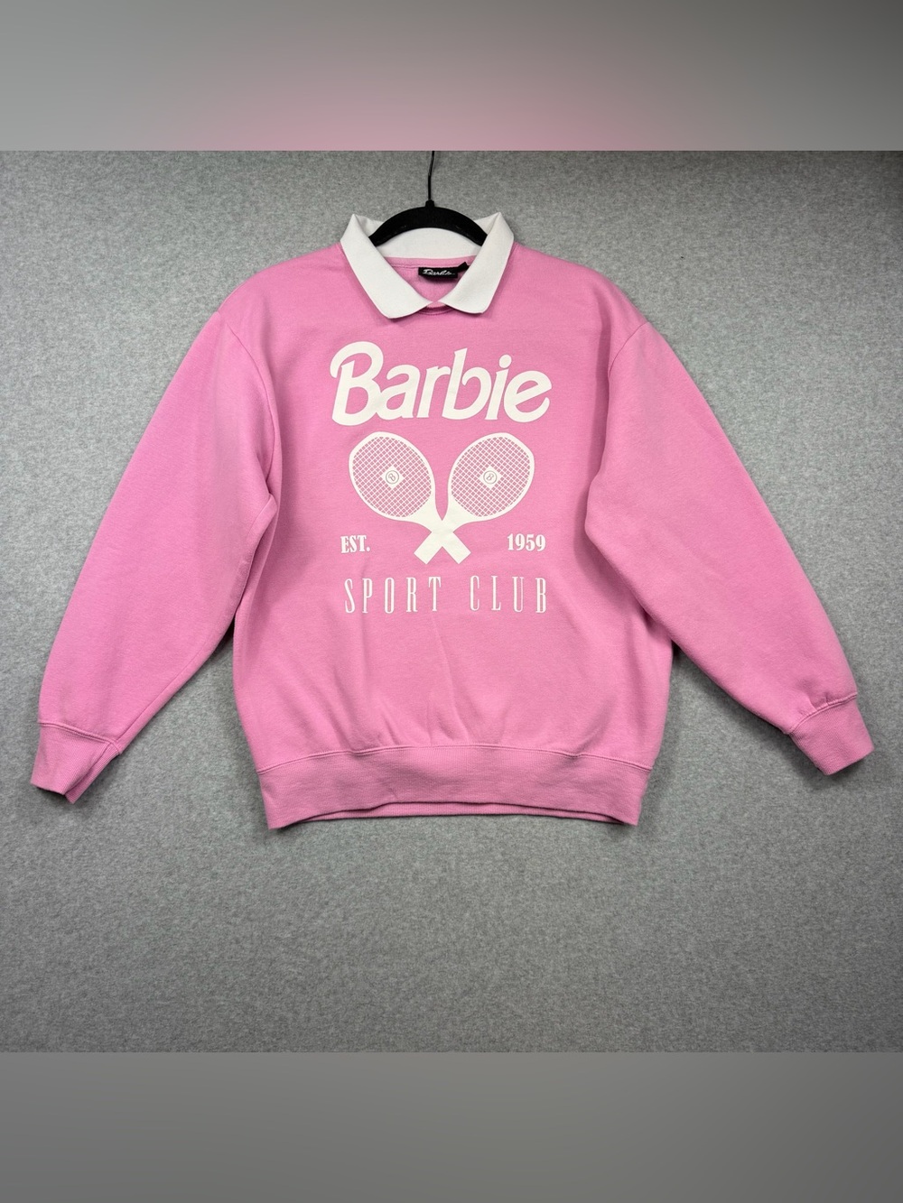 Barbie Sports Club Pink White Collared Pullover Sweatshirt Women's Medium
